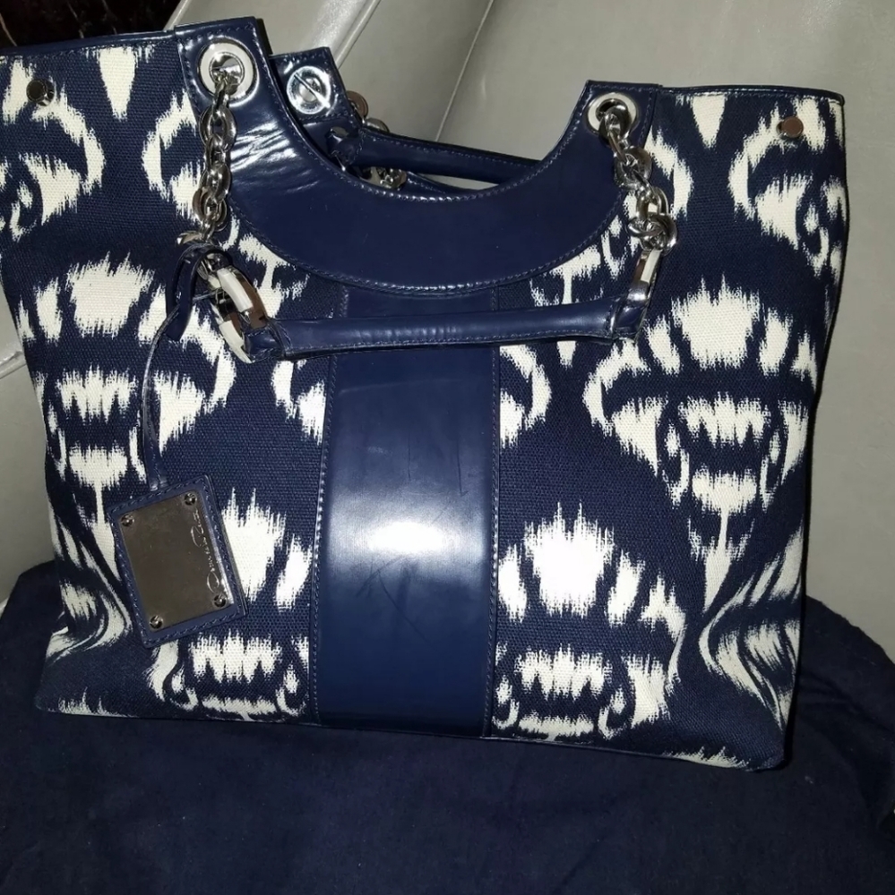 Oscar de la Renta Tote Handbag Navy Blue White